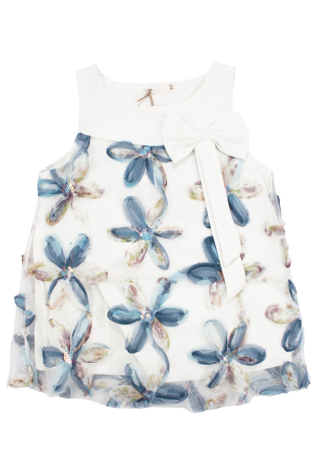 Kız Çocuk Ekru Mavi Tüllü Pullu Çiçek Desenli Fiyonkllu Elbise