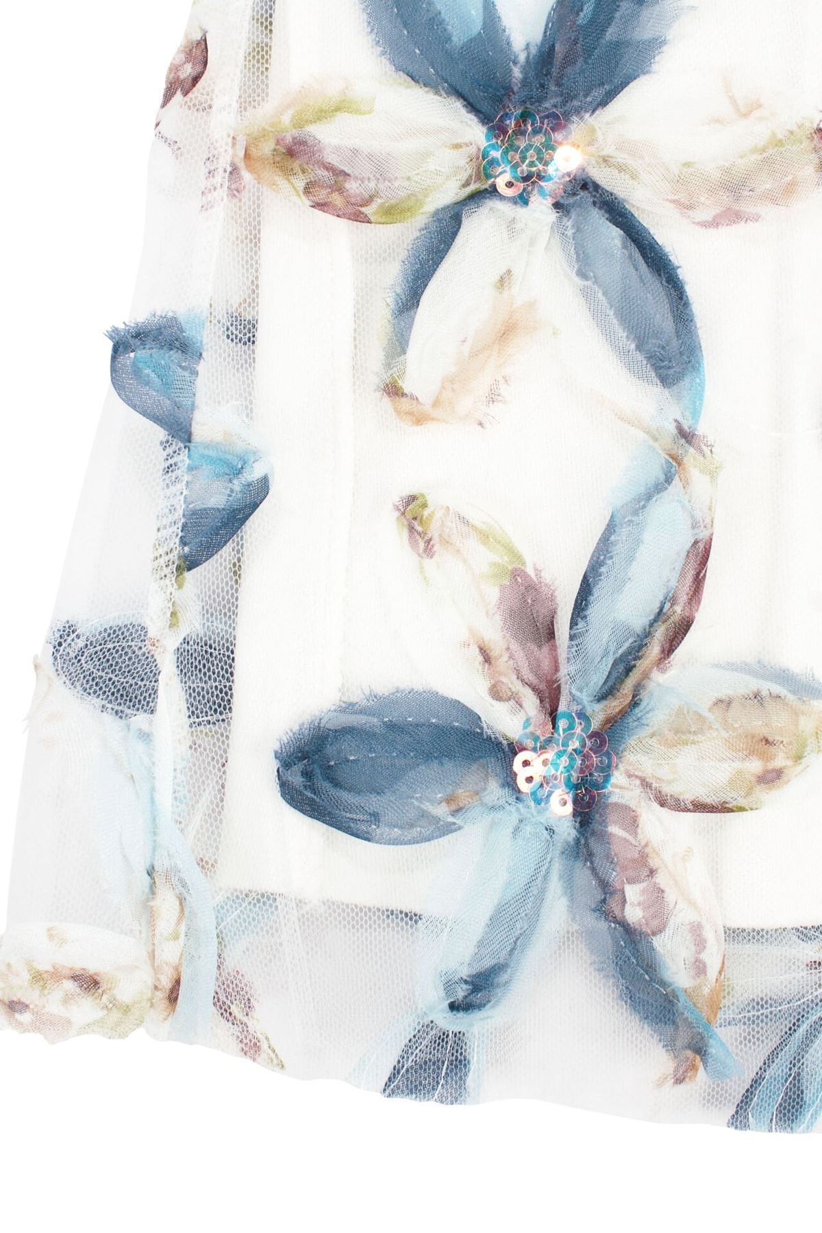 Kız Çocuk Ekru Mavi Tüllü Pullu Çiçek Desenli Fiyonkllu Elbise