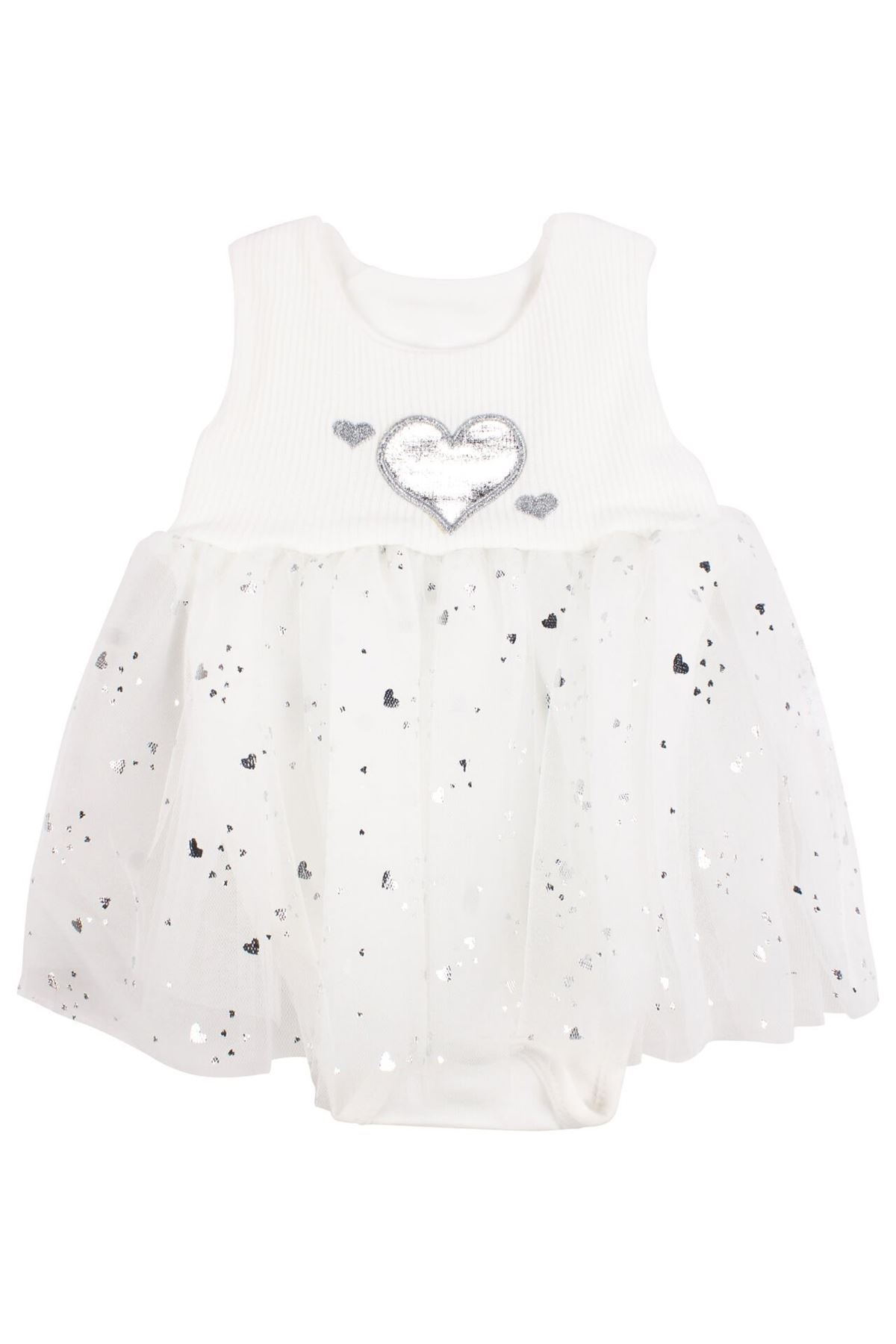 Kız Bebek Beyaz Tüllü Kalpli Zıbınlı Elbise