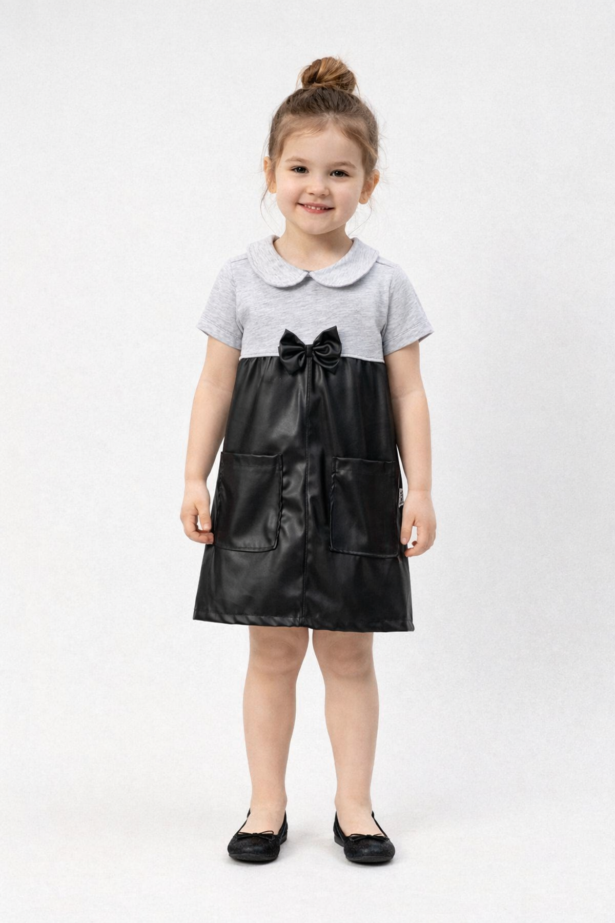 Kız Çocuk Gri Siyah Deri Fiyonklu Elbise