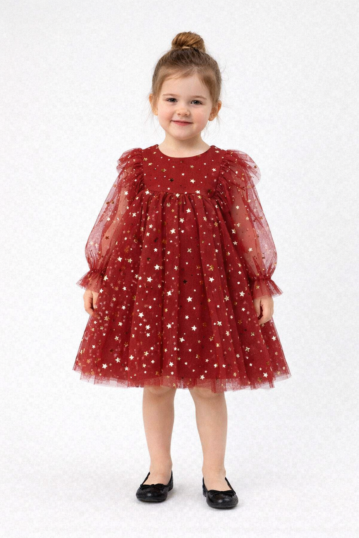 Kız Çocuk Kırmızı Gold Yıldız Desenli Tüllü Elbise