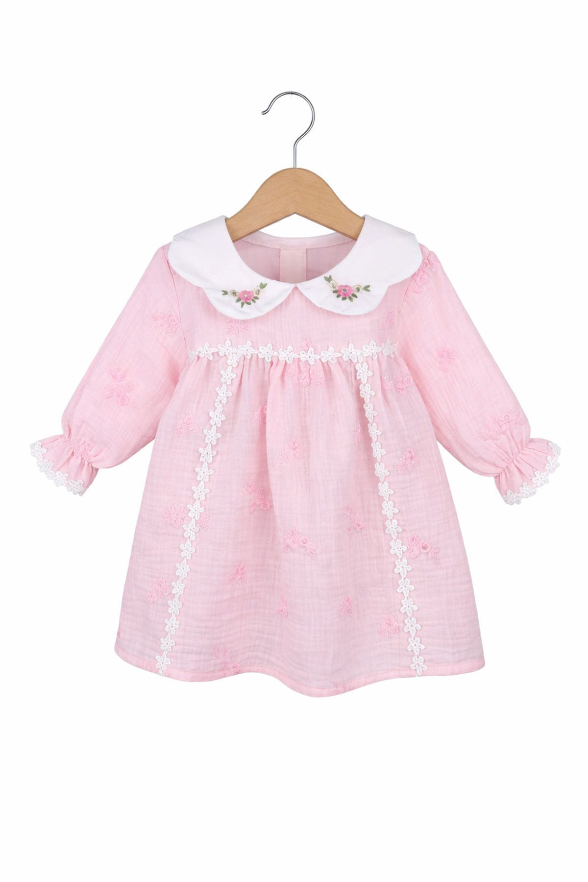 Kız Bebek Pembe Nakışlı Yakalı Fistolu Müslin Elbise