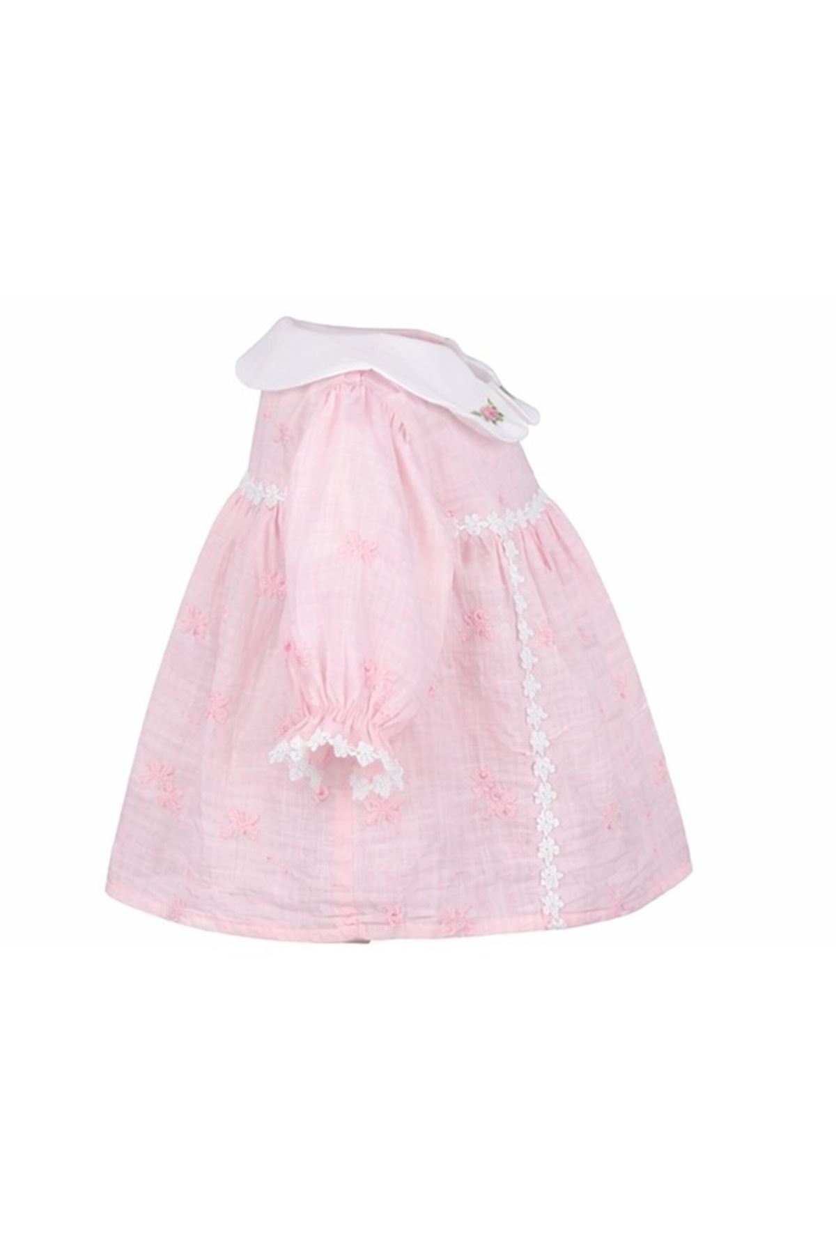 Kız Bebek Pembe Nakışlı Yakalı Fistolu Müslin Elbise