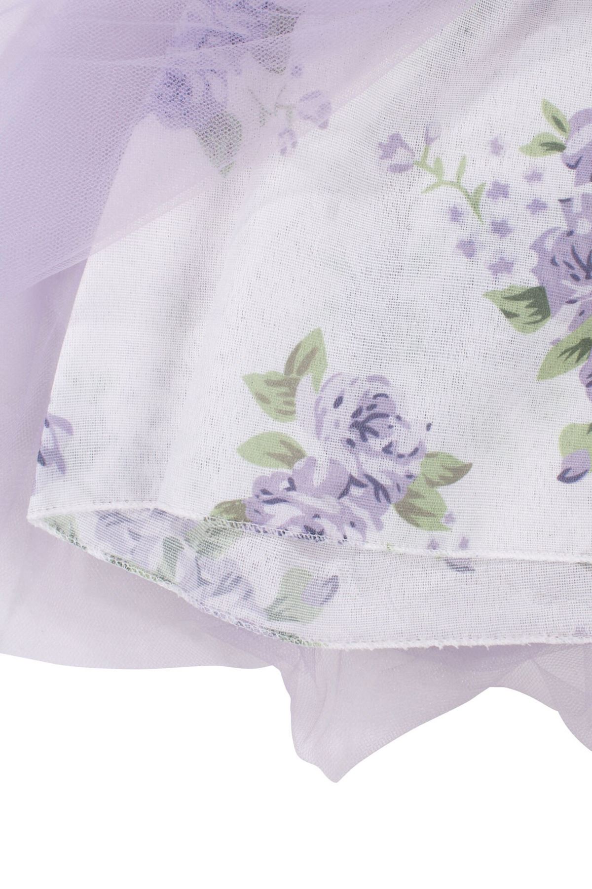 Kız Çocuk Lila Çiçek Desenli Tüllü Fitilli Fiyonklu Elbise