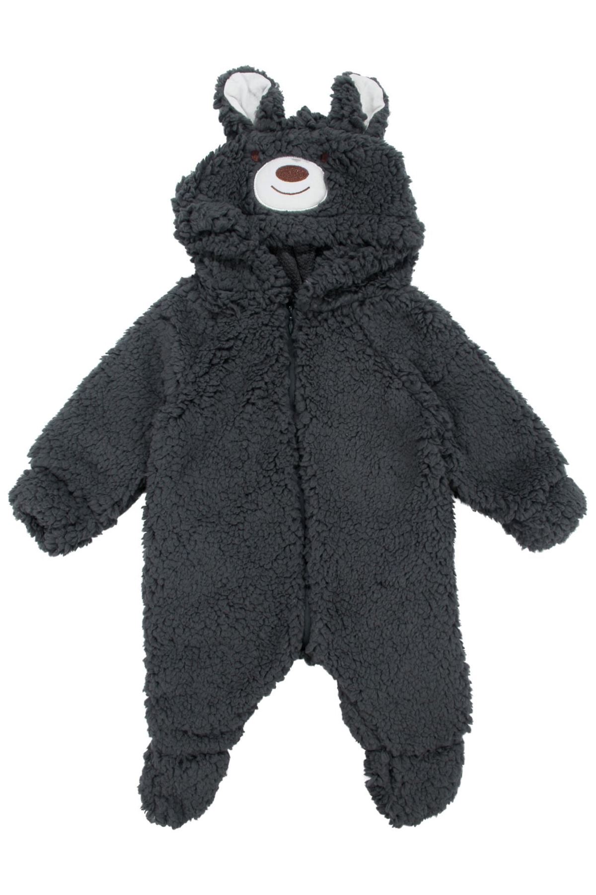 Unisex Füme Ayı Nakışlı Kapşonlu Peluş Tulum