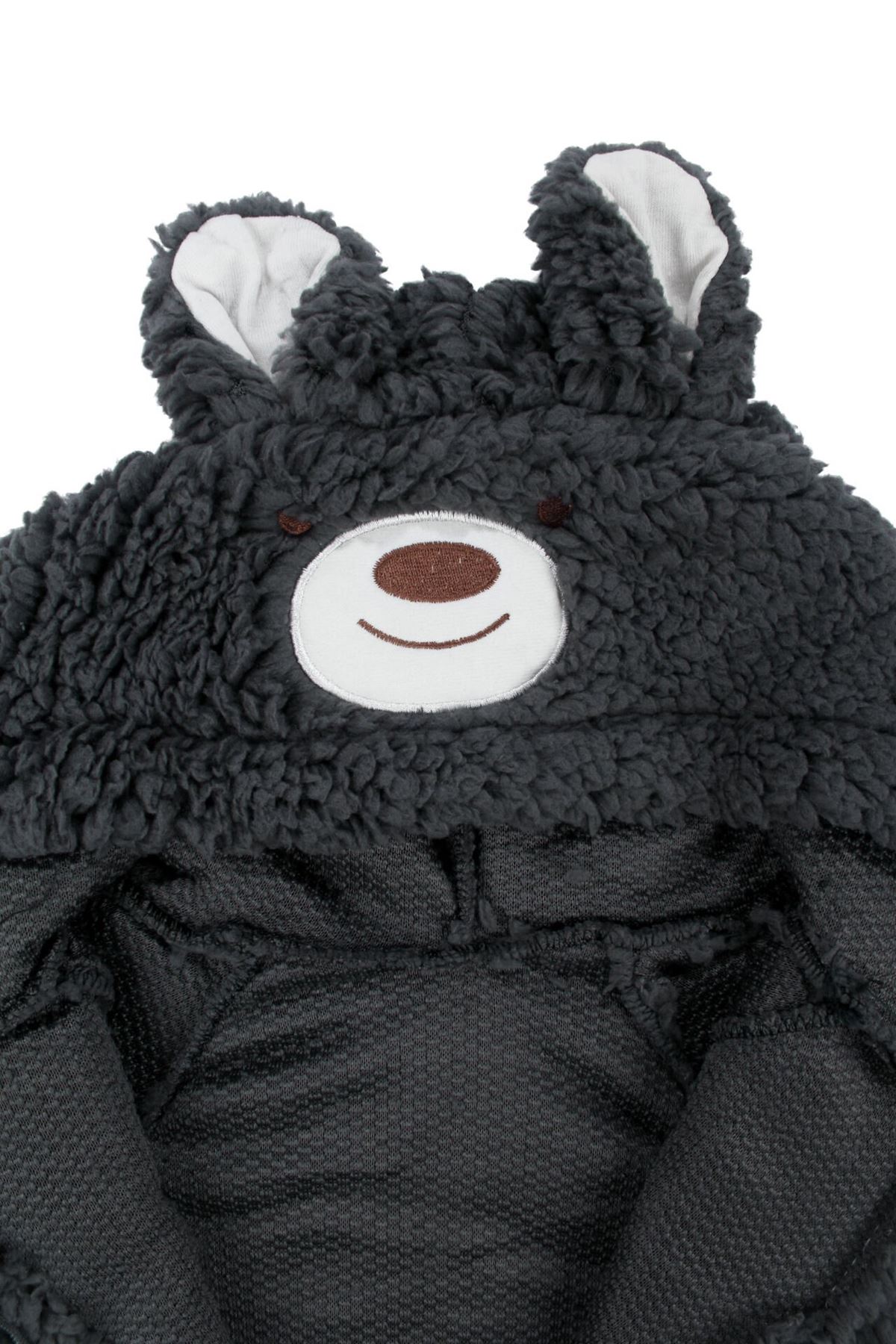 Unisex Füme Ayı Nakışlı Kapşonlu Peluş Tulum