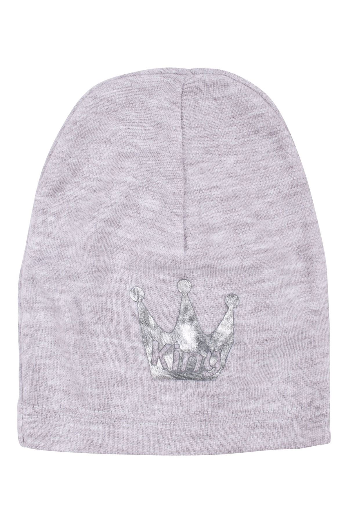 Erkek Bebek Ekru Kahve King Nakışlı Şapkalı 3'lü Takım