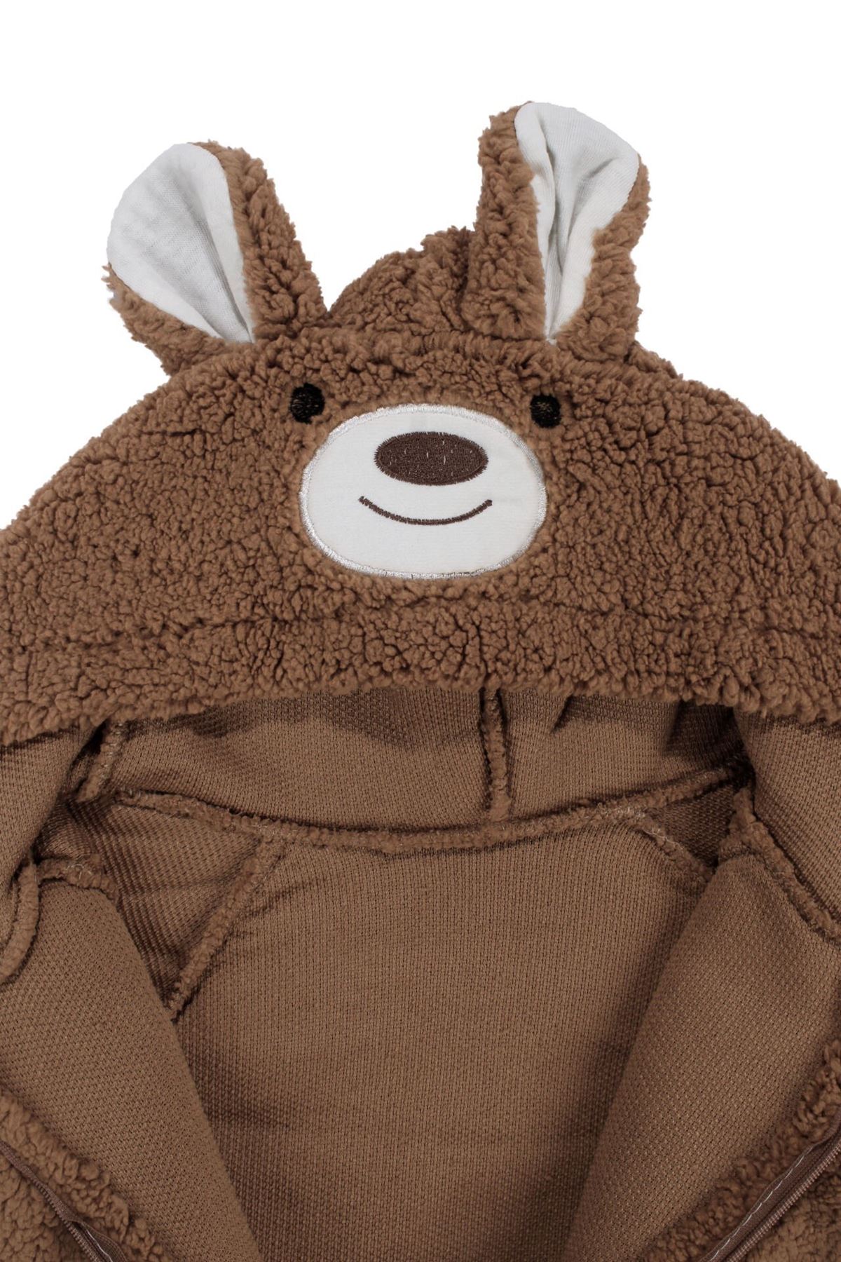 Unisex Kahve Ayı Nakışlı Kapşonlu Peluş Tulum