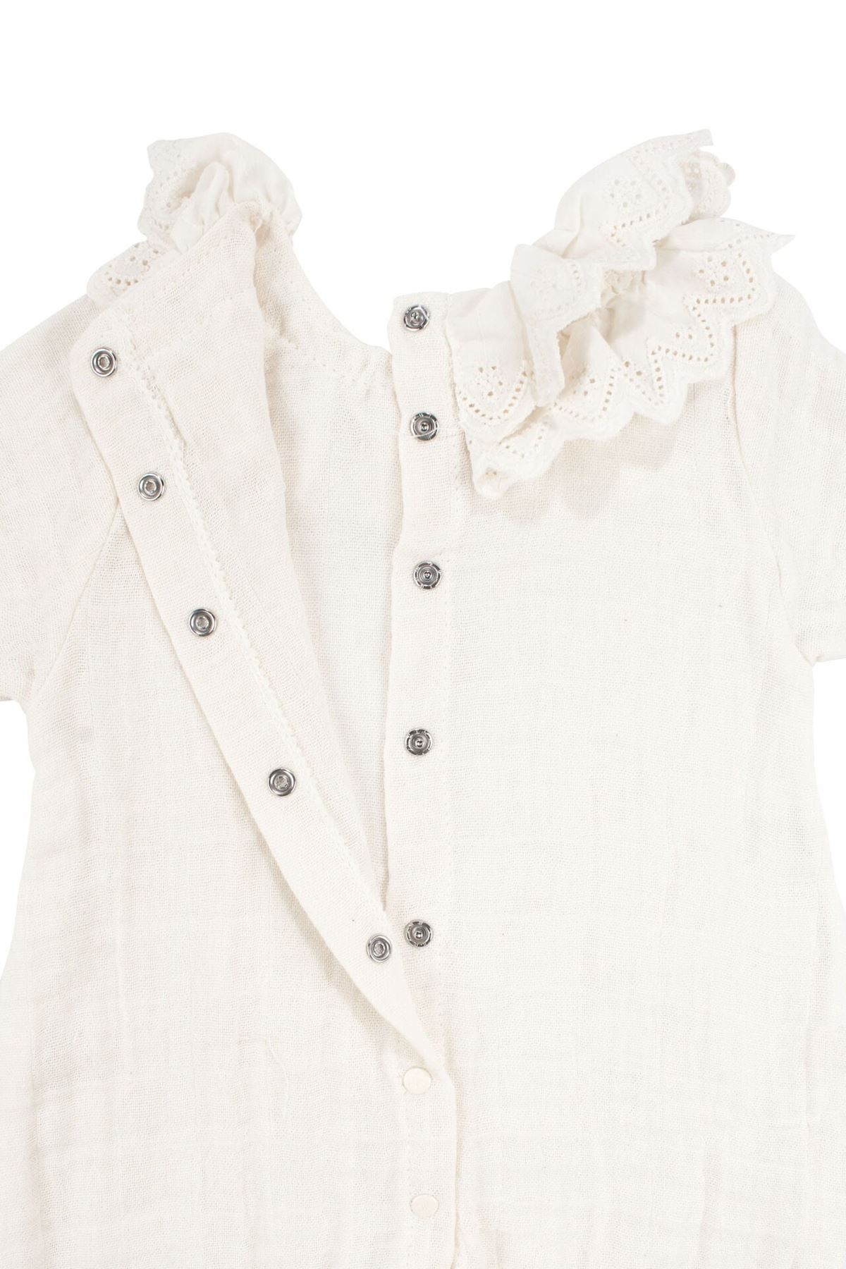 Kız Bebek Ekru Dantelli Yakalı Fiyonklu Bandanalı Tulum