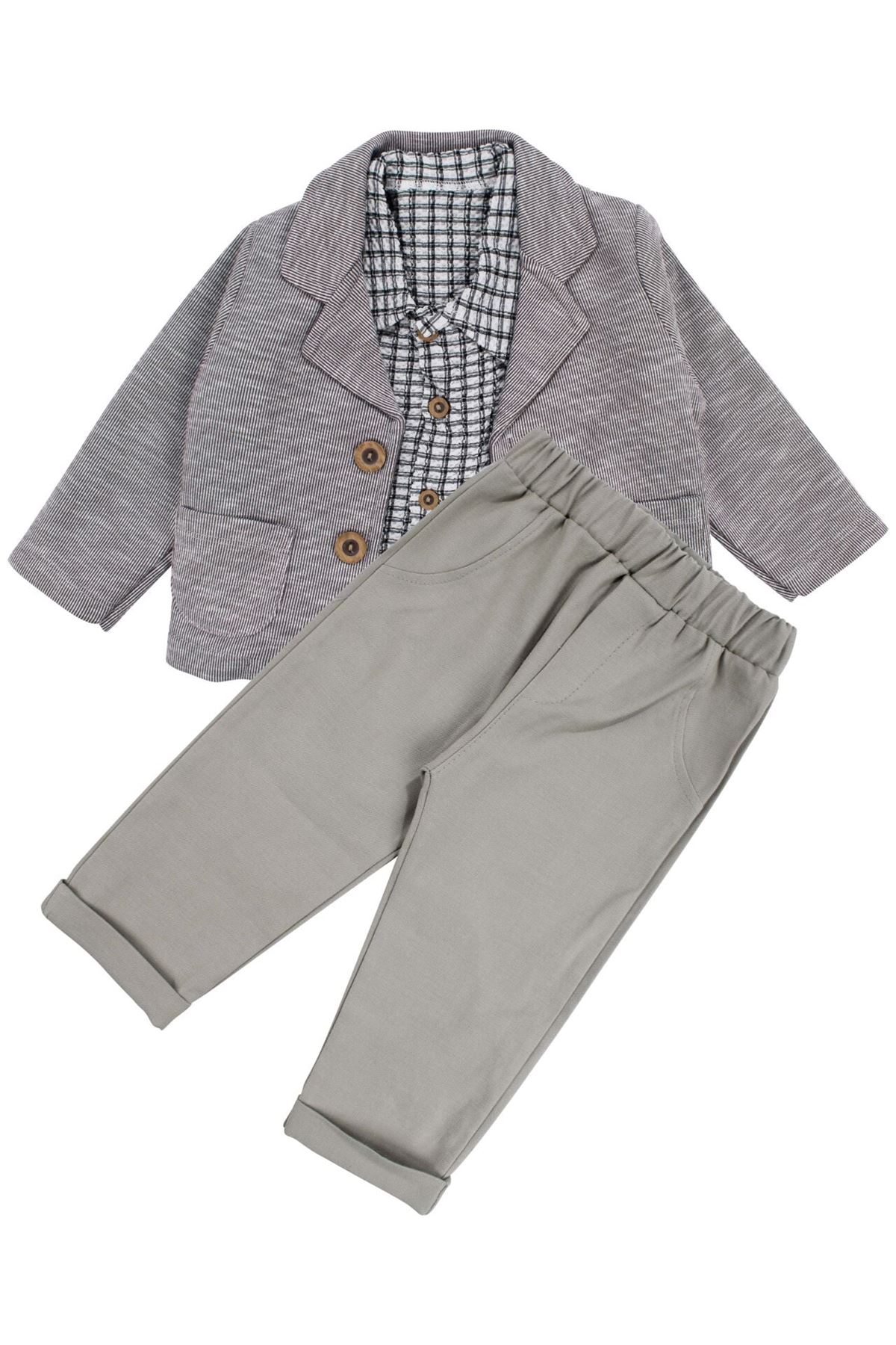 Erkek Bebek Gri Ekose Gömlekli Çizgili Ceketli 3'lü Lüks Takım