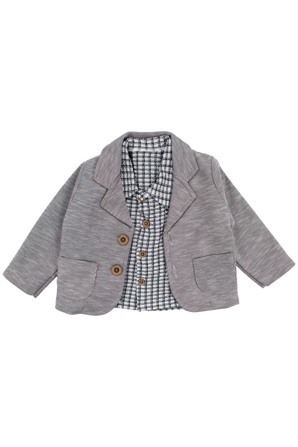 Erkek Bebek Gri Ekose Gömlekli Çizgili Ceketli 3'lü Lüks Takım