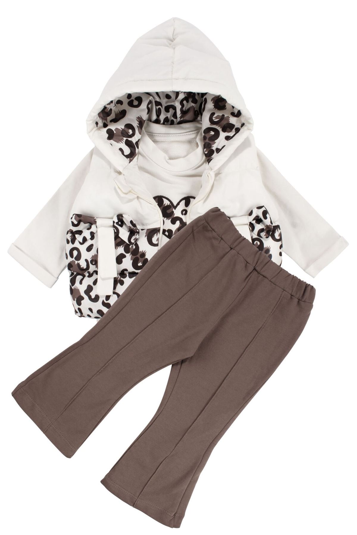 Kız Bebek Ekru Kahve Leopar Desenli Fiyonklu Şişme Yelekli 3'lü Lüks Takım