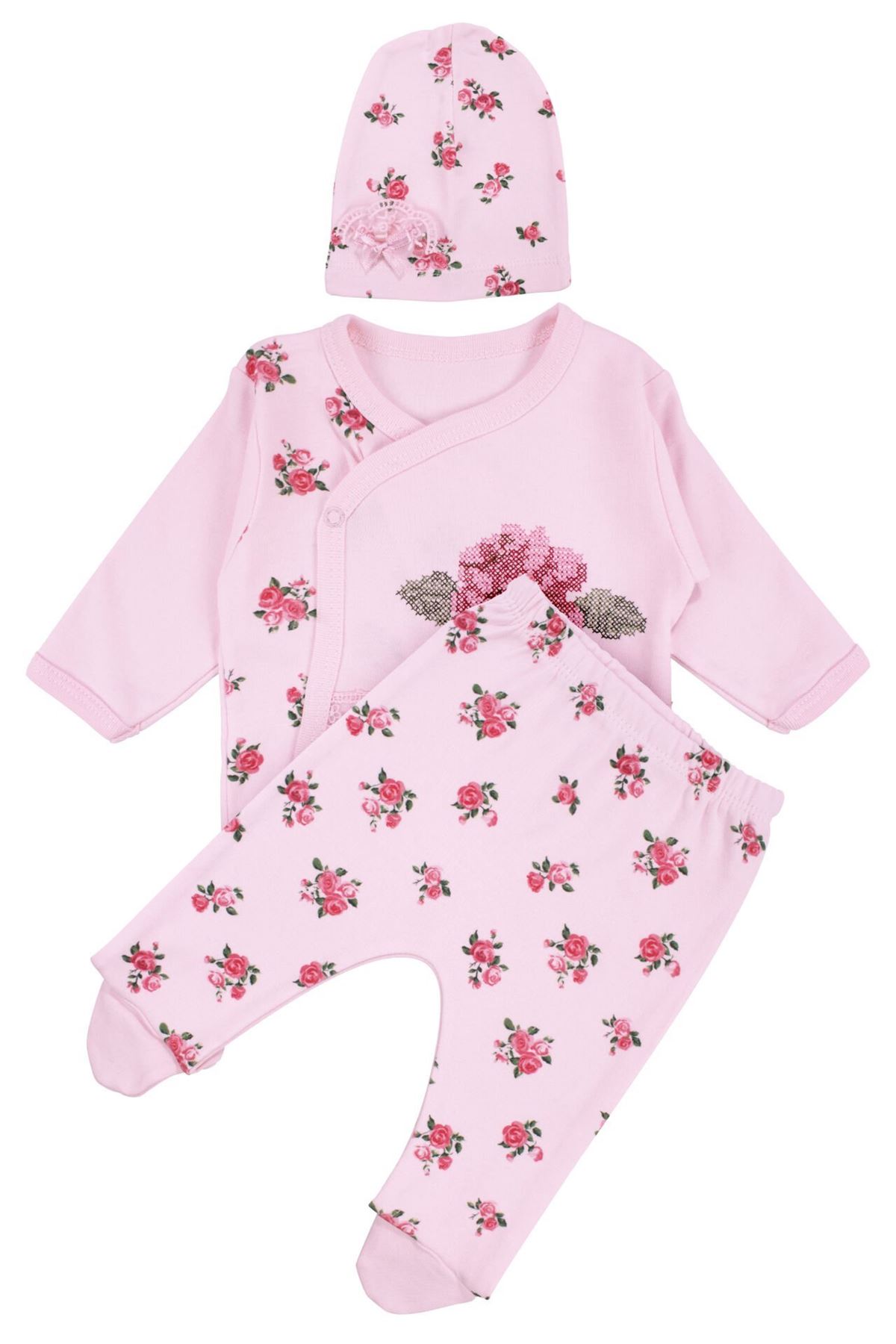 Kız Bebek Pembe Güllü Kanaviçe Nakışlı 3'lü Pijama Takımı 0-3 Ay