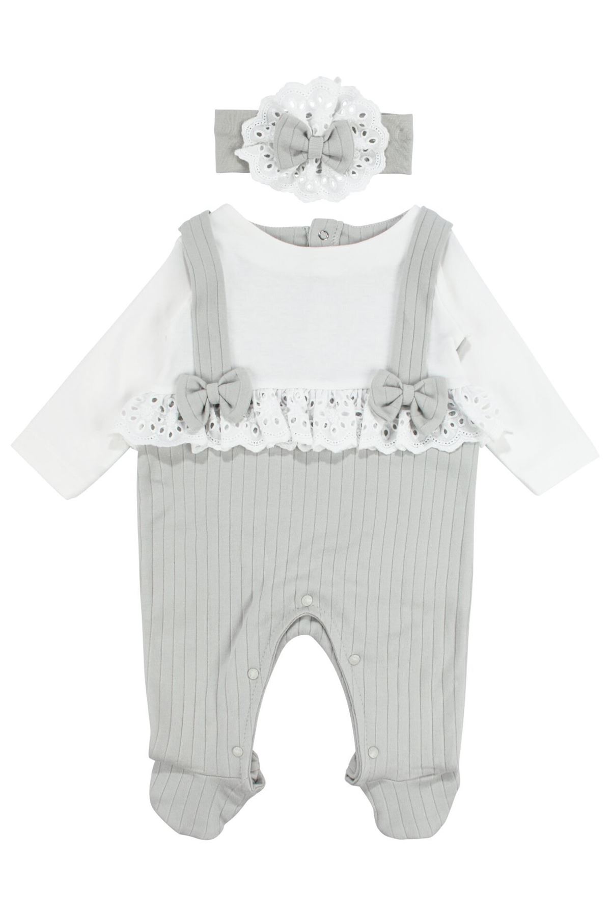 Kız Bebek Ekru Yeşil Fistolu Fiyonklu Bandanalı Patikli Tulum