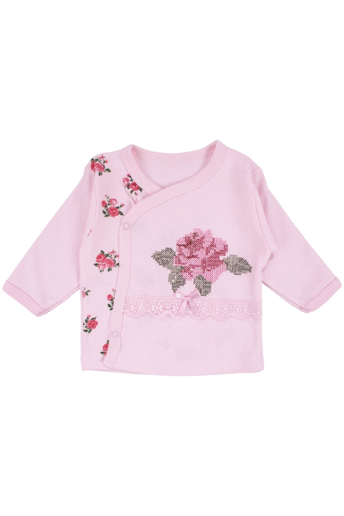Kız Bebek Pembe Güllü Kanaviçe Nakışlı 3'lü Pijama Takımı