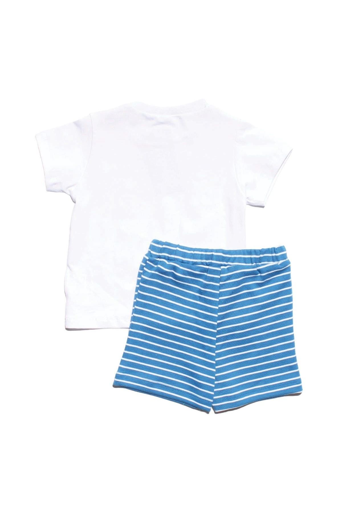Erkek Bebek Beyaz Gemi Desenli Mavi Çizgili Şortlu 2'li Takım