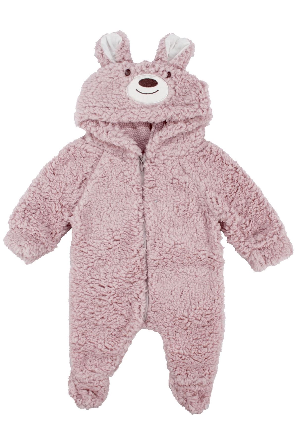 Unisex Pembe Ayı Nakışlı Kapşonlu Peluş Tulum