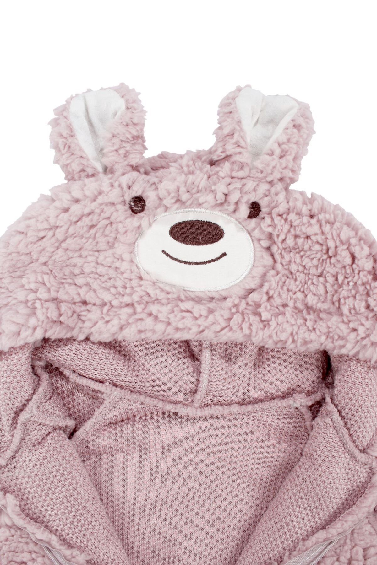 Unisex Pembe Ayı Nakışlı Kapşonlu Peluş Tulum