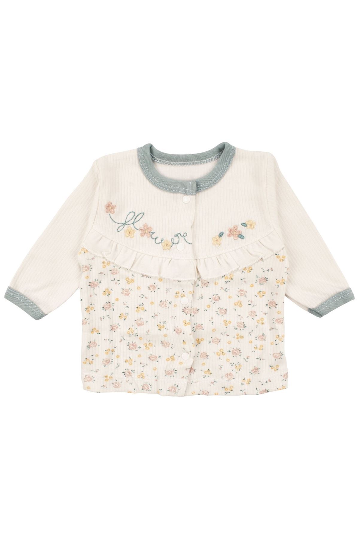 Kız Bebek Ekru Yeşil Çiçek Nakışlı Fırfırlı 5 Parça Hastane Çıkış Seti