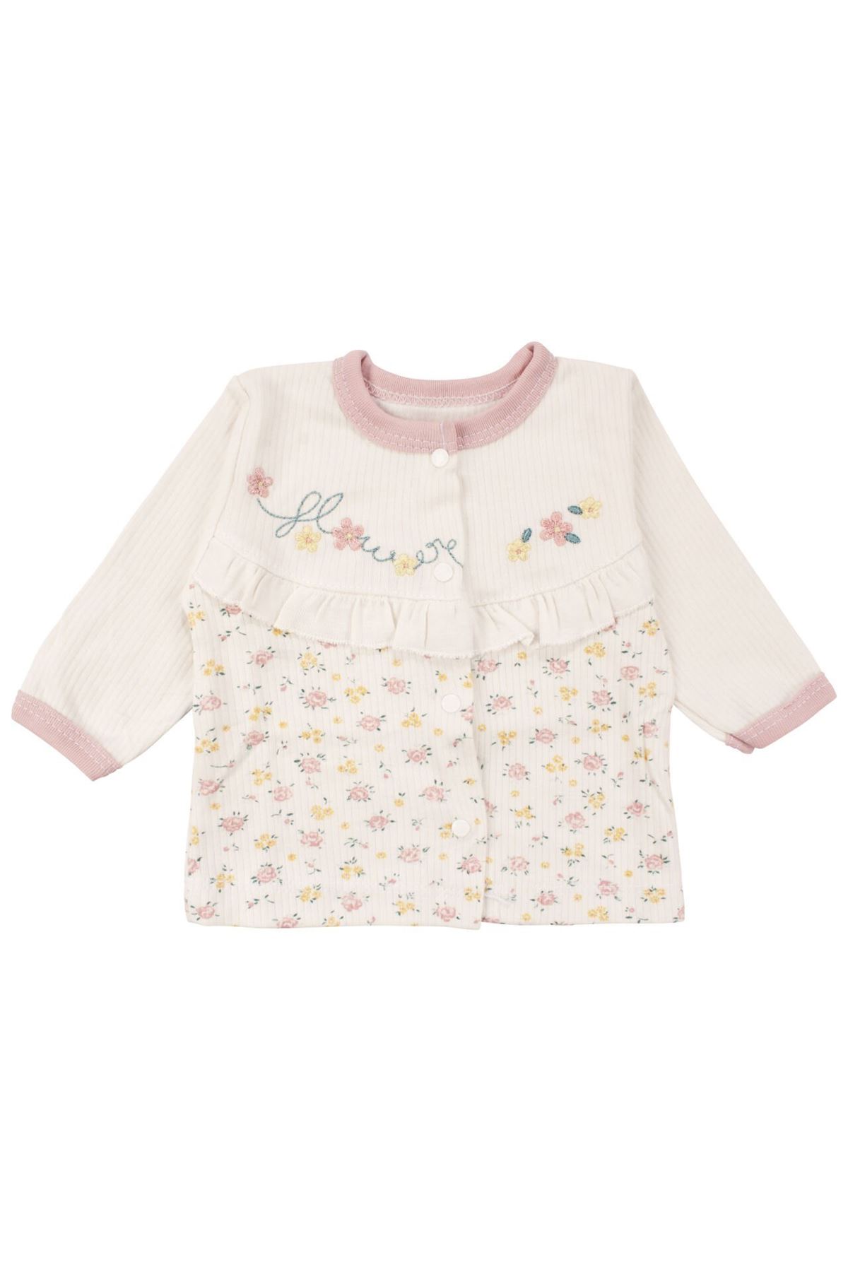 Kız Bebek Ekru Pudra Çiçek Nakışlı Fırfırlı 5 Parça Hastane Çıkış Seti