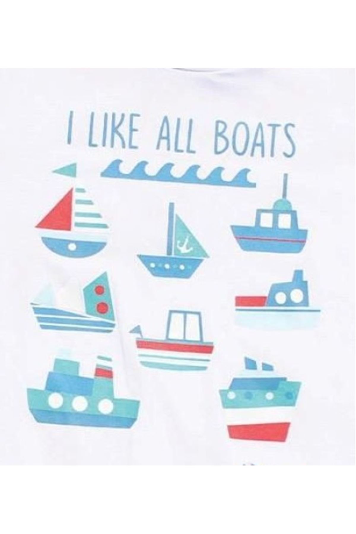 Erkek Bebek Beyaz Gemi Desenli Mavi Çizgili Şortlu 2'li Takım