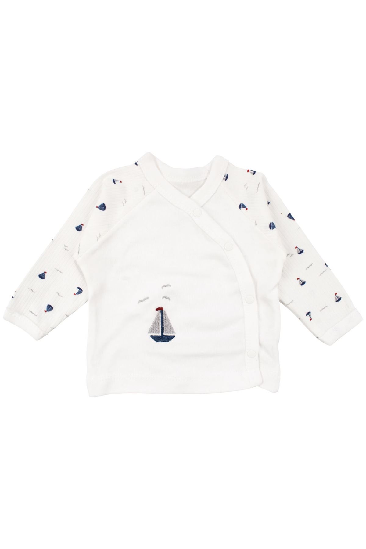 Erkek Bebek Ekru Laci Kayık Nakışlı 5 Parça Organik Hastane Çıkış Seti