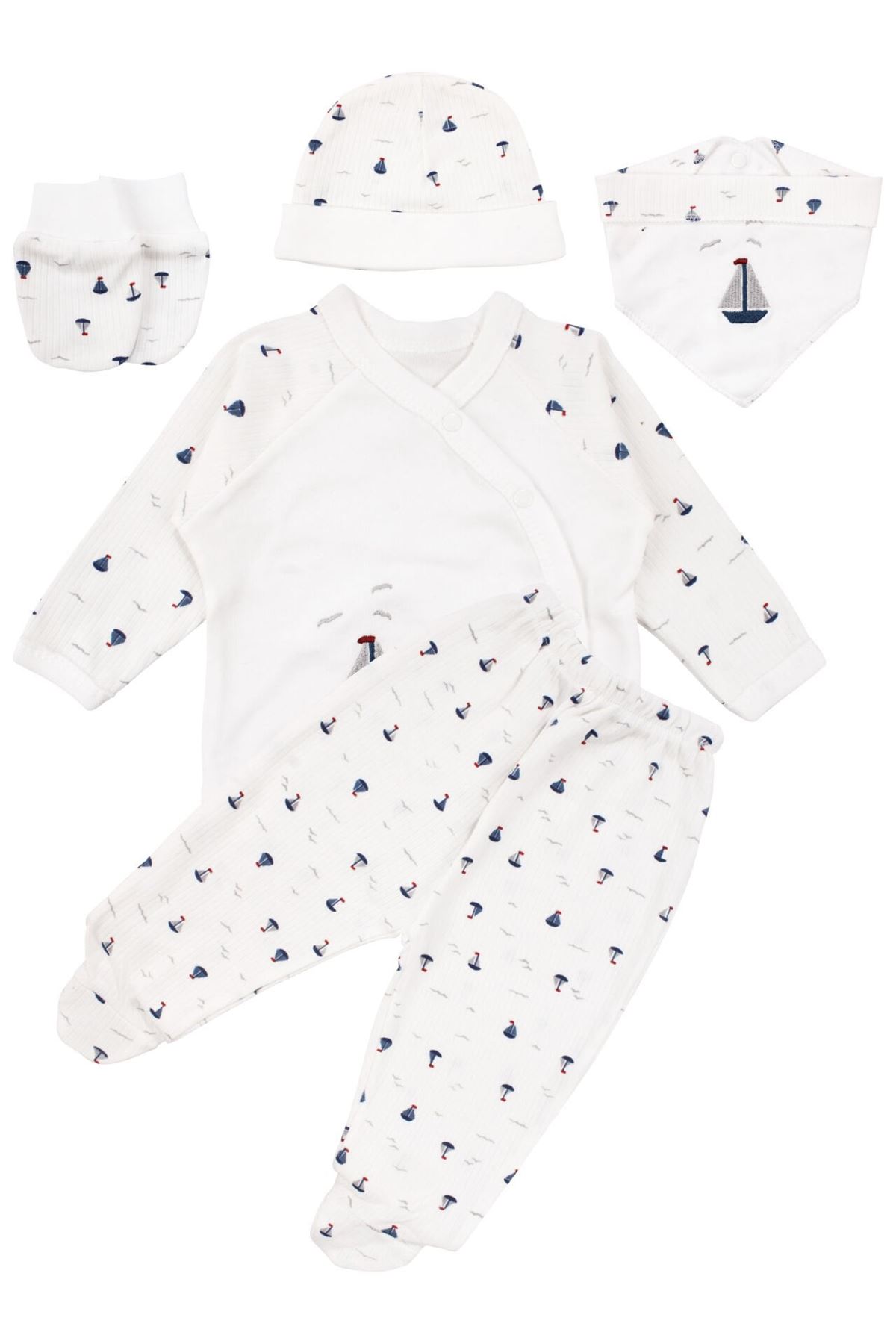 Erkek Bebek Ekru Laci Kayık Nakışlı 5 Parça Organik Hastane Çıkış Seti