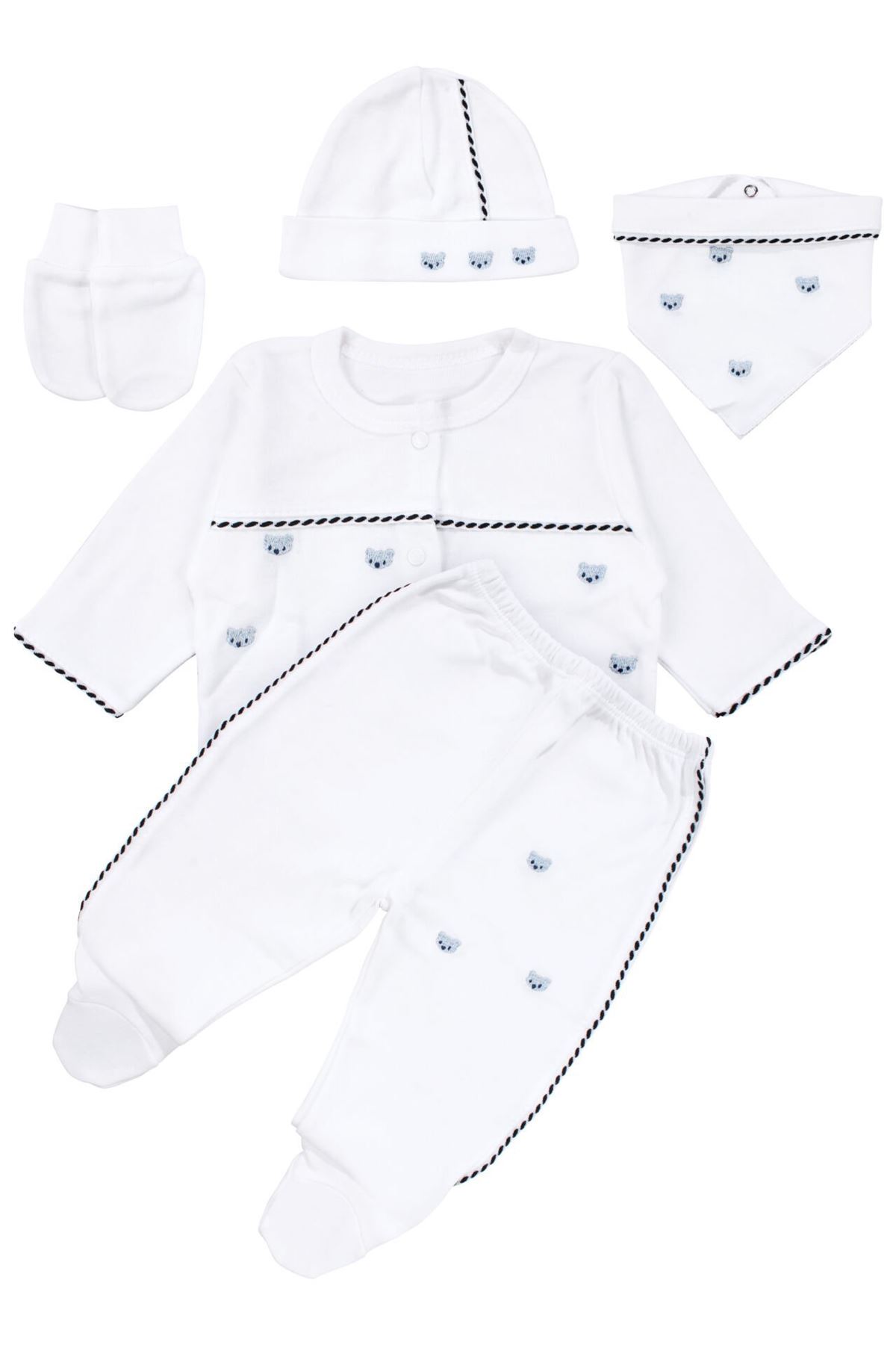 Erkek Bebek Beyaz Mavi Ayı Nakışlı Organik 5 Parça Hastane Çıkış Seti