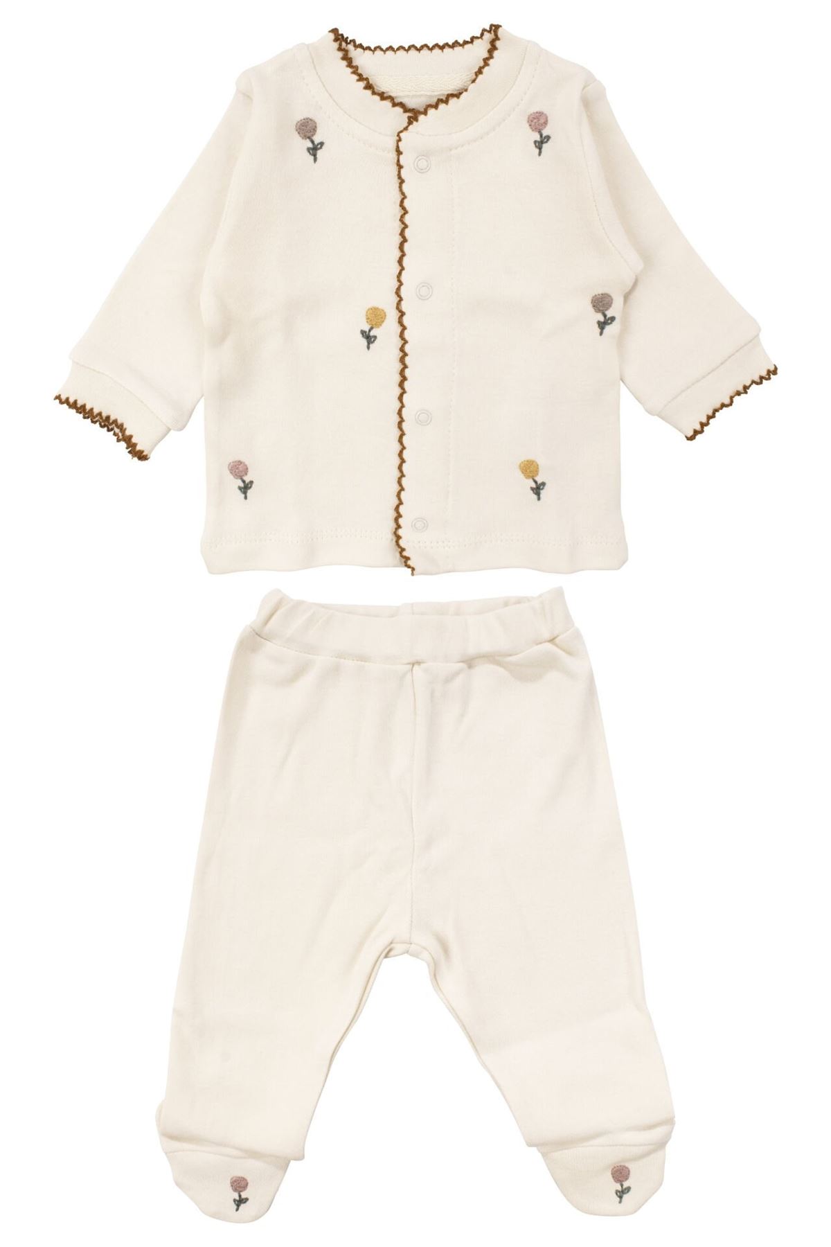 Kız Bebek Ekru Çiçek Nakışlı Biyeli Organik Lüks 10 Parça Hastane Çıkış Seti