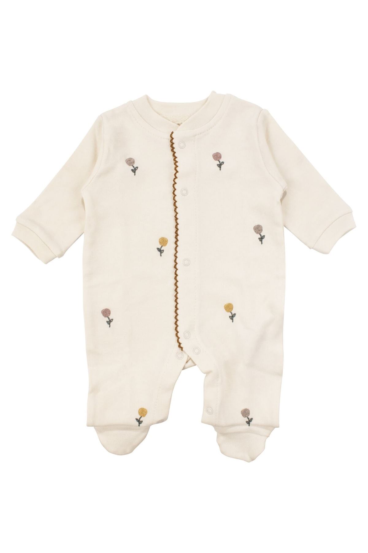 Kız Bebek Ekru Çiçek Nakışlı Biyeli Organik Lüks 10 Parça Hastane Çıkış Seti