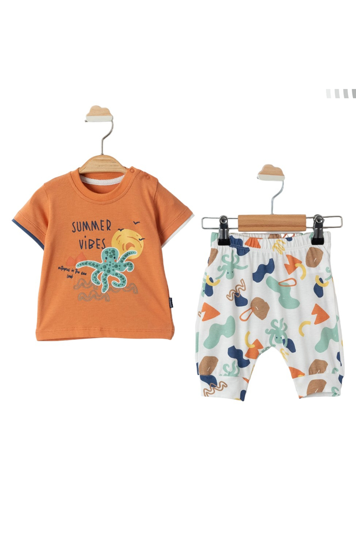Erkek Bebek Turuncu Beyaz Ahtapotlu Desenli 2'li Takım