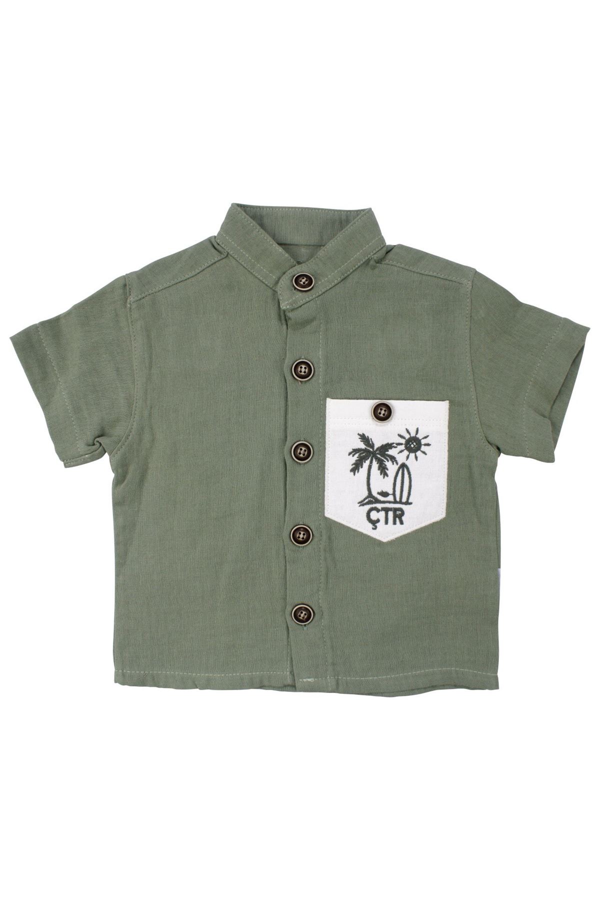 Erkek Bebek Yeşil Düğmeli Palmiye Nakışlı Müslin Çizgili Şortlu 2'li İkili takım