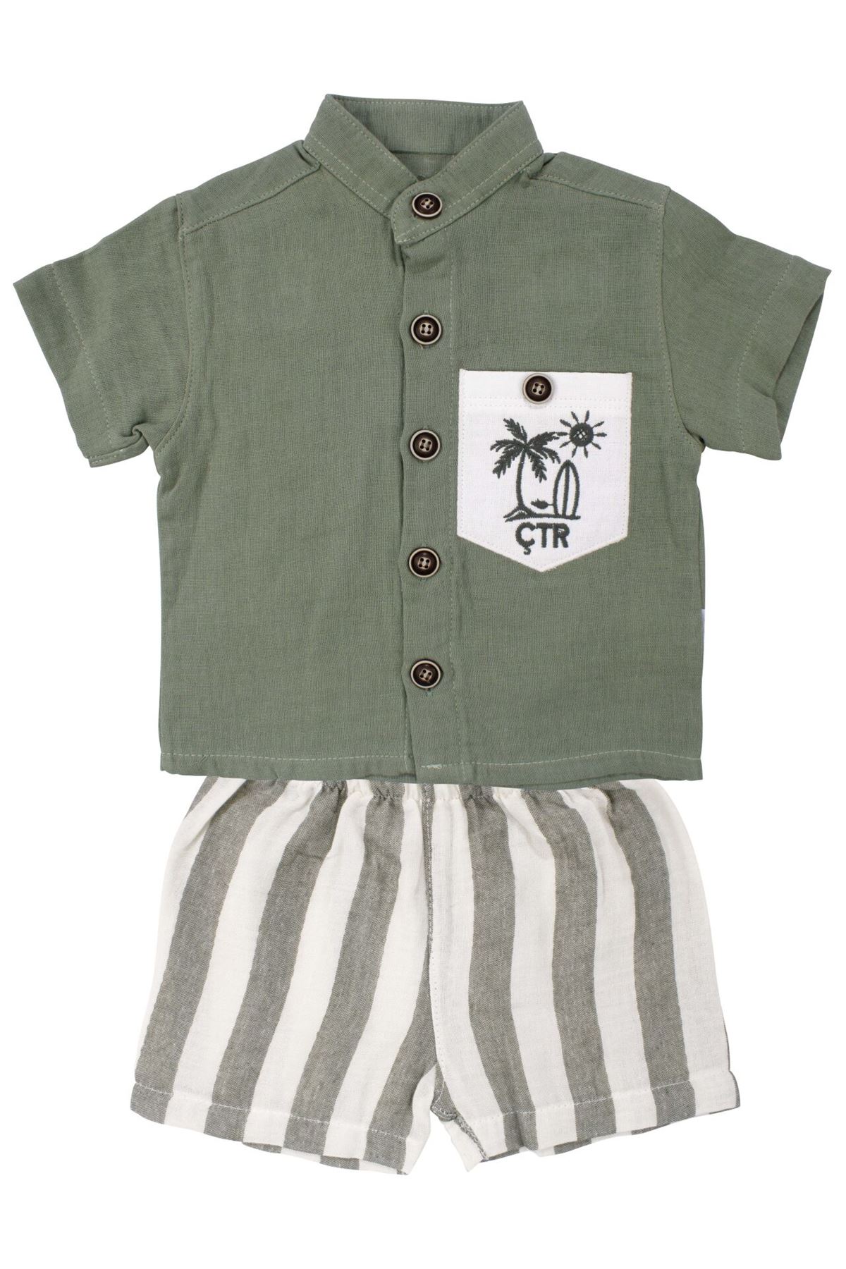 Erkek Bebek Yeşil Düğmeli Palmiye Nakışlı Müslin Çizgili Şortlu 2'li İkili takım