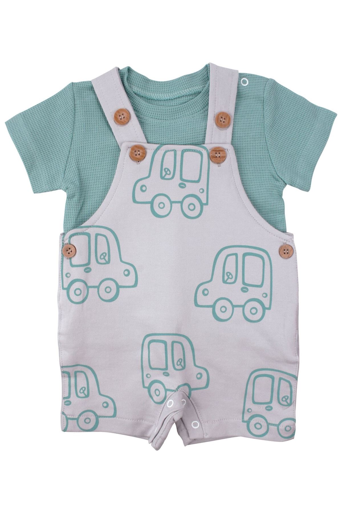 Erkek Bebek Yeşil Gri Araba Desenli Salopet Takım