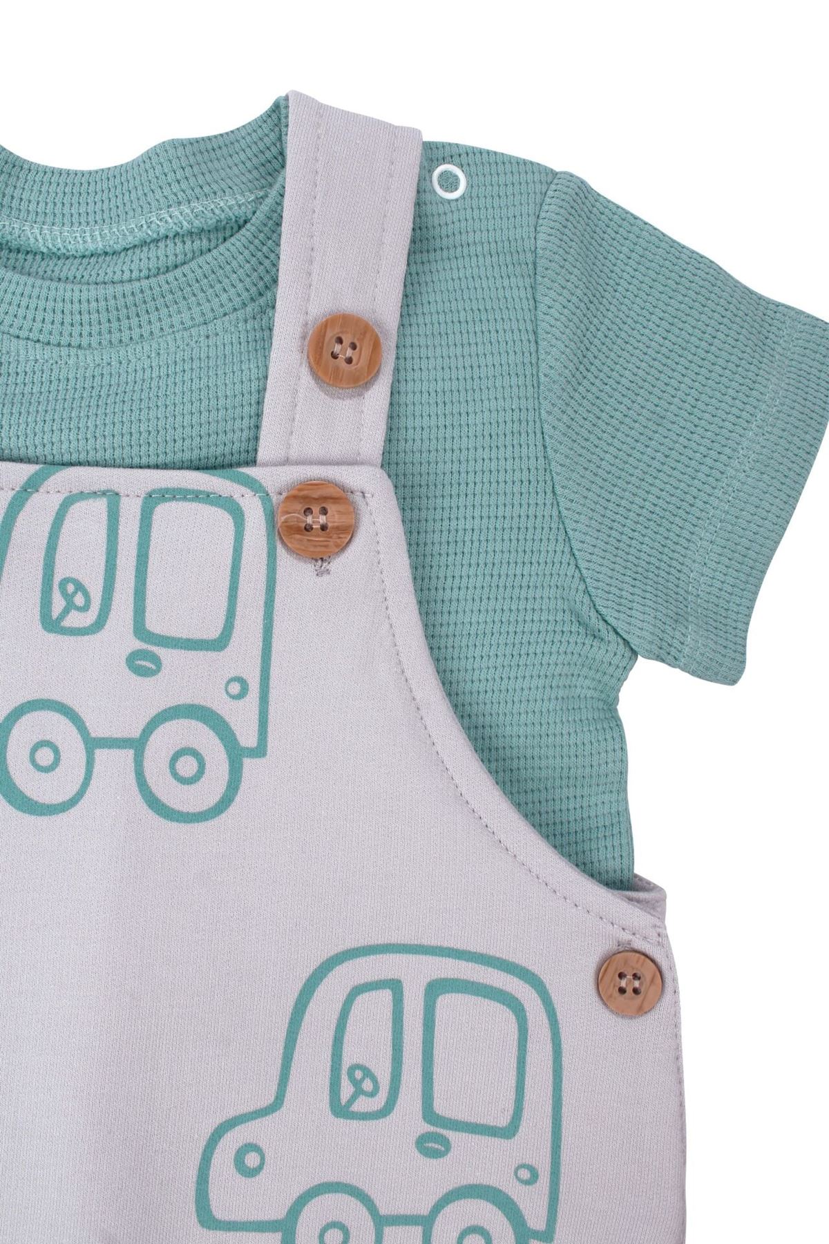 Erkek Bebek Yeşil Gri Araba Desenli Salopet Takım