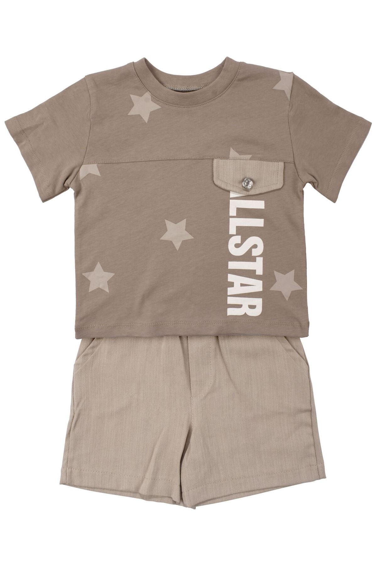 Erkek Çocuk Kahve All Star Yazılı Yıldız Baskılı Cepli Şortlu 2'li Takım