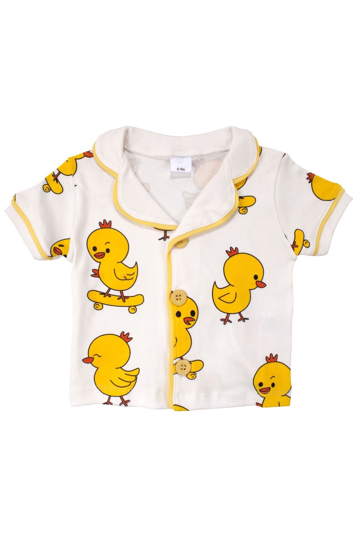 Unisex Beyaz Sarı Civciv Baskılı Kısa Kollu Pijama Takımı