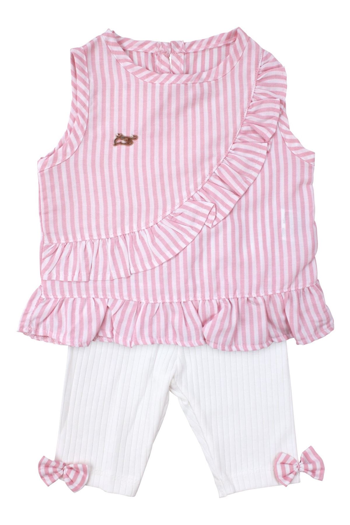 Kız Bebek Pembe Beyaz Çizgili Fırfırlı 2'li Takım