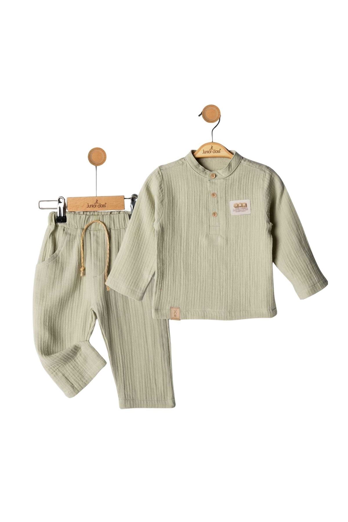 Erkek Bebek Mint Yeşili Hakim Yaka Düğmeli Müslin 2'li Takım