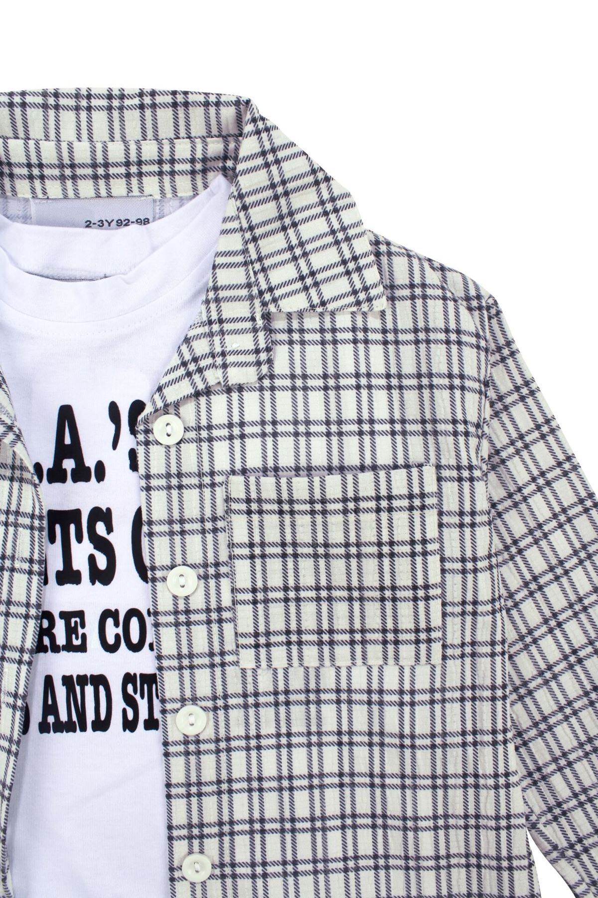 Unisex Ekru Siyah Ekoseli Gömlekli Şortlu 3'lü Takım