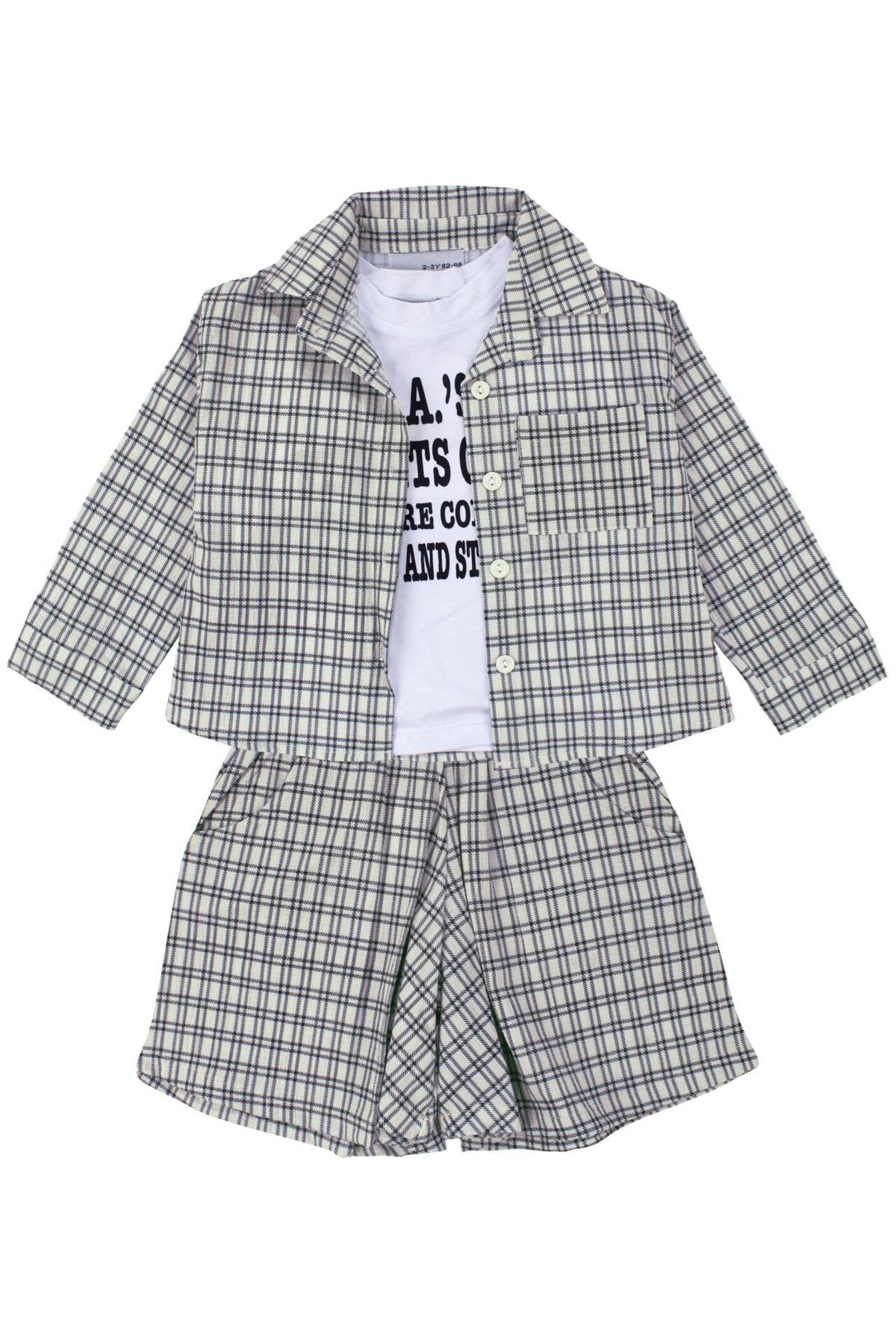 Unisex Ekru Siyah Ekoseli Gömlekli Şortlu 3'lü Takım