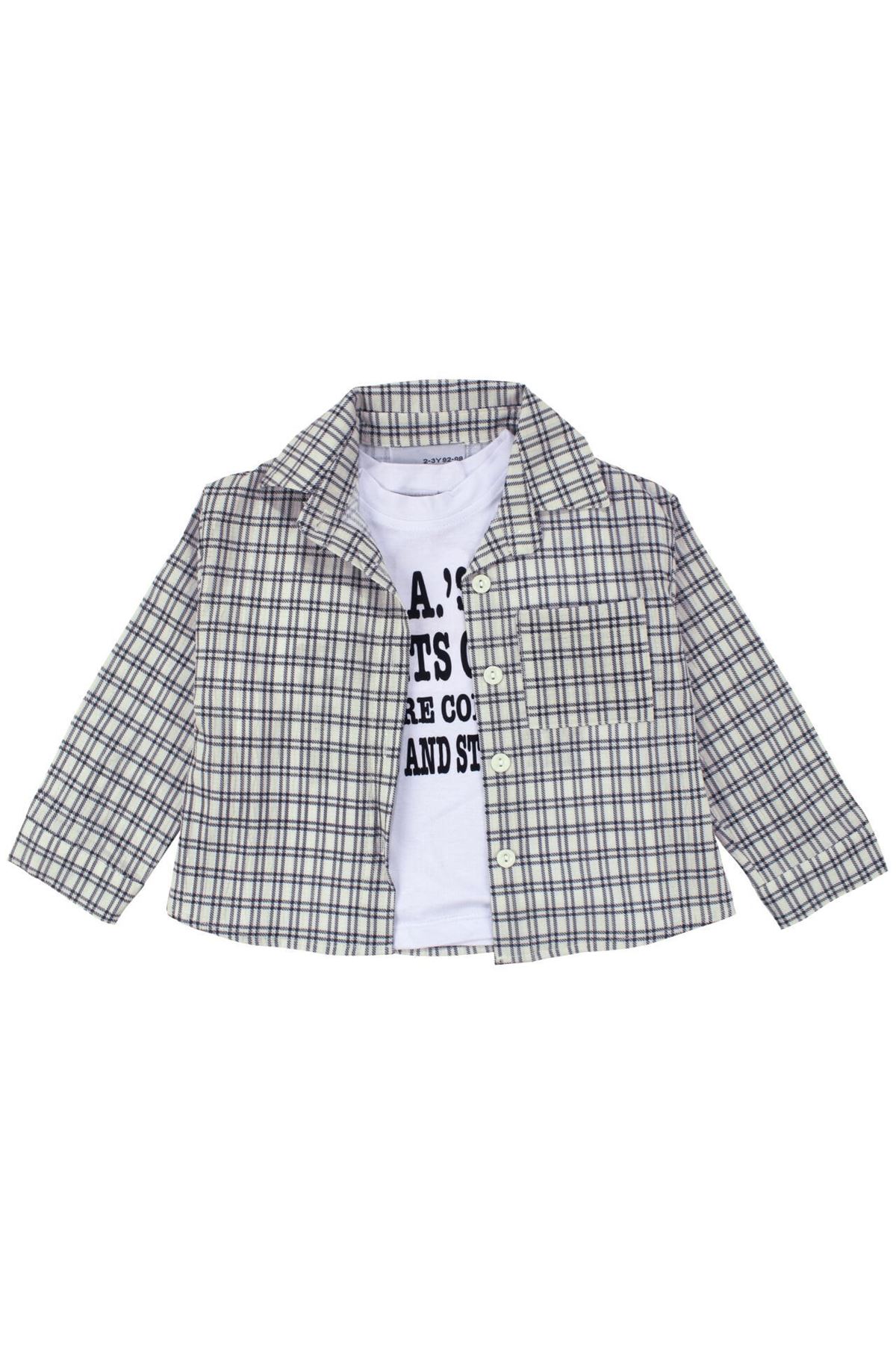 Unisex Ekru Siyah Ekoseli Gömlekli Şortlu 3'lü Takım