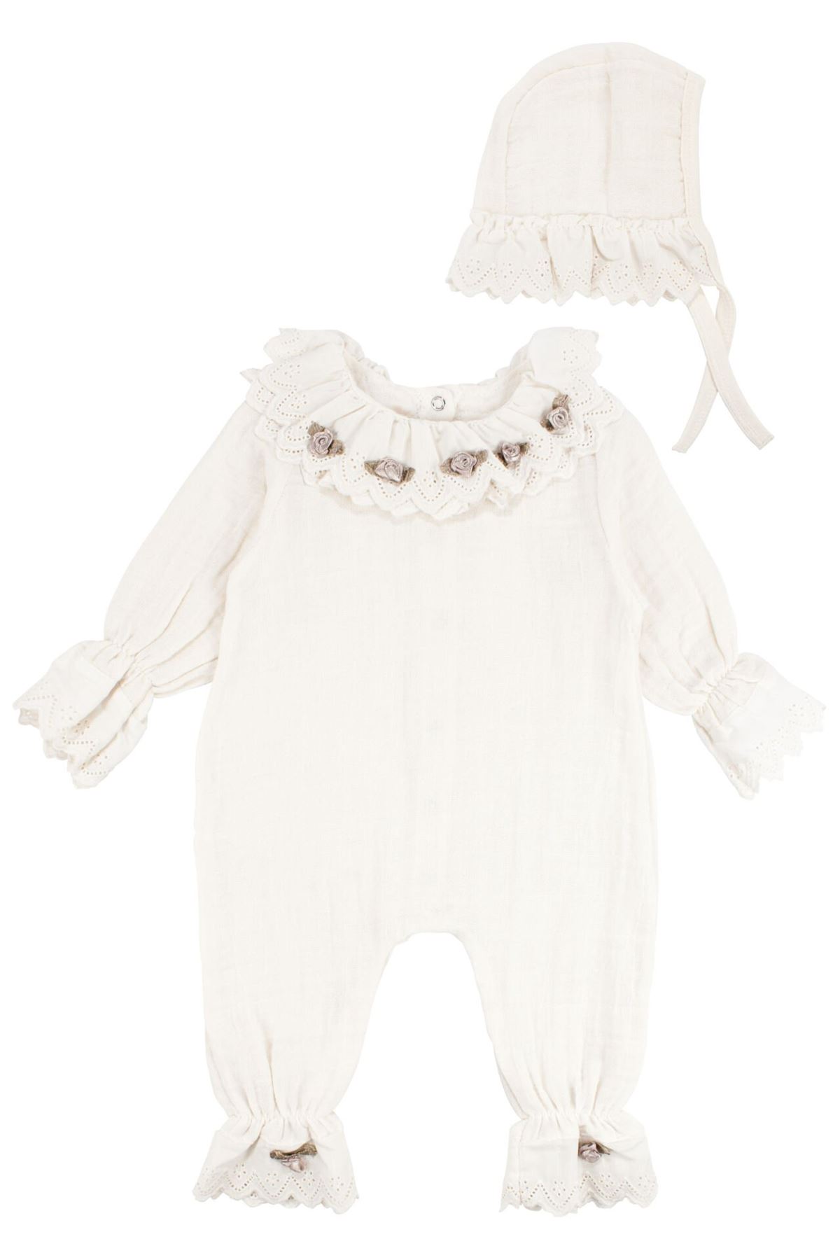 Kız Bebek Ekru Güllü Fistolu Yakalı Bereli Müslin Tulum