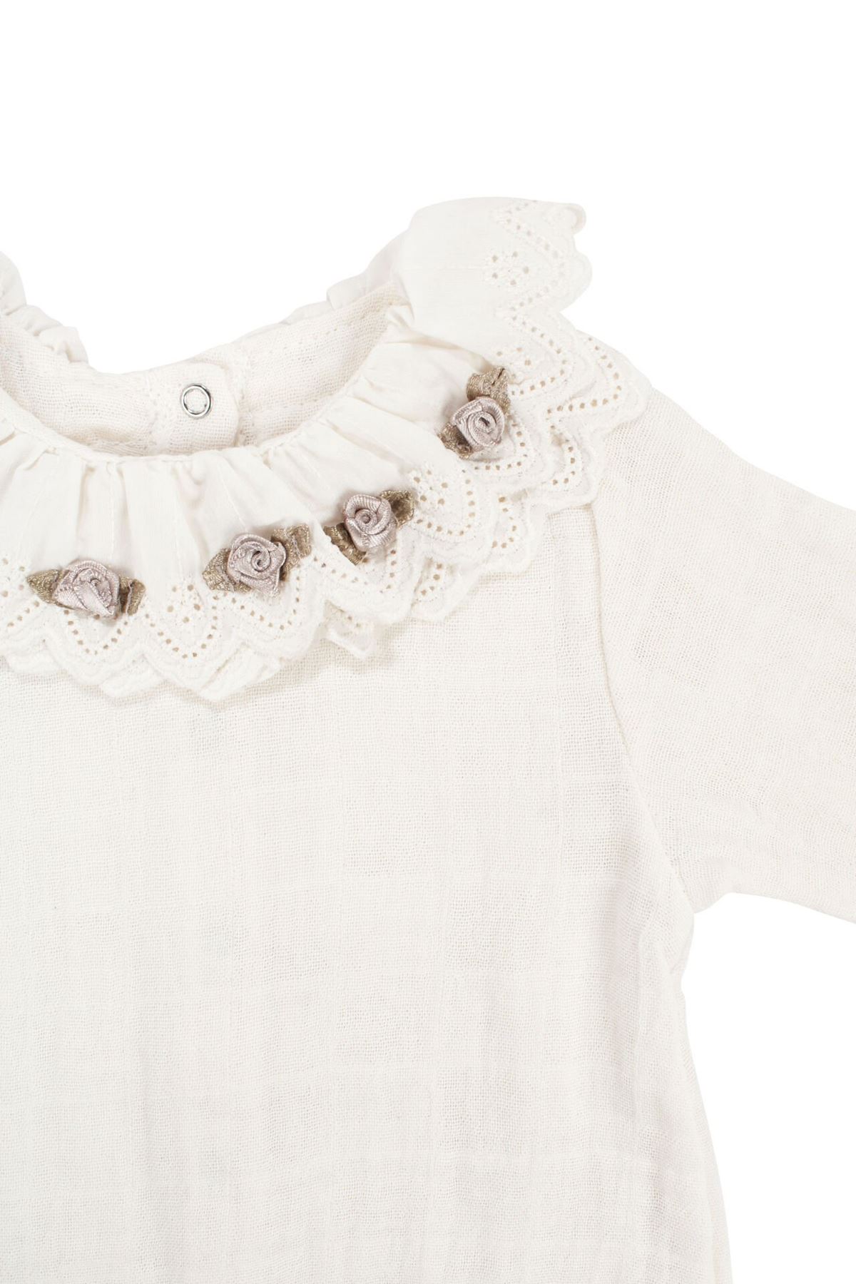 Kız Bebek Ekru Güllü Fistolu Yakalı Bereli Müslin Tulum