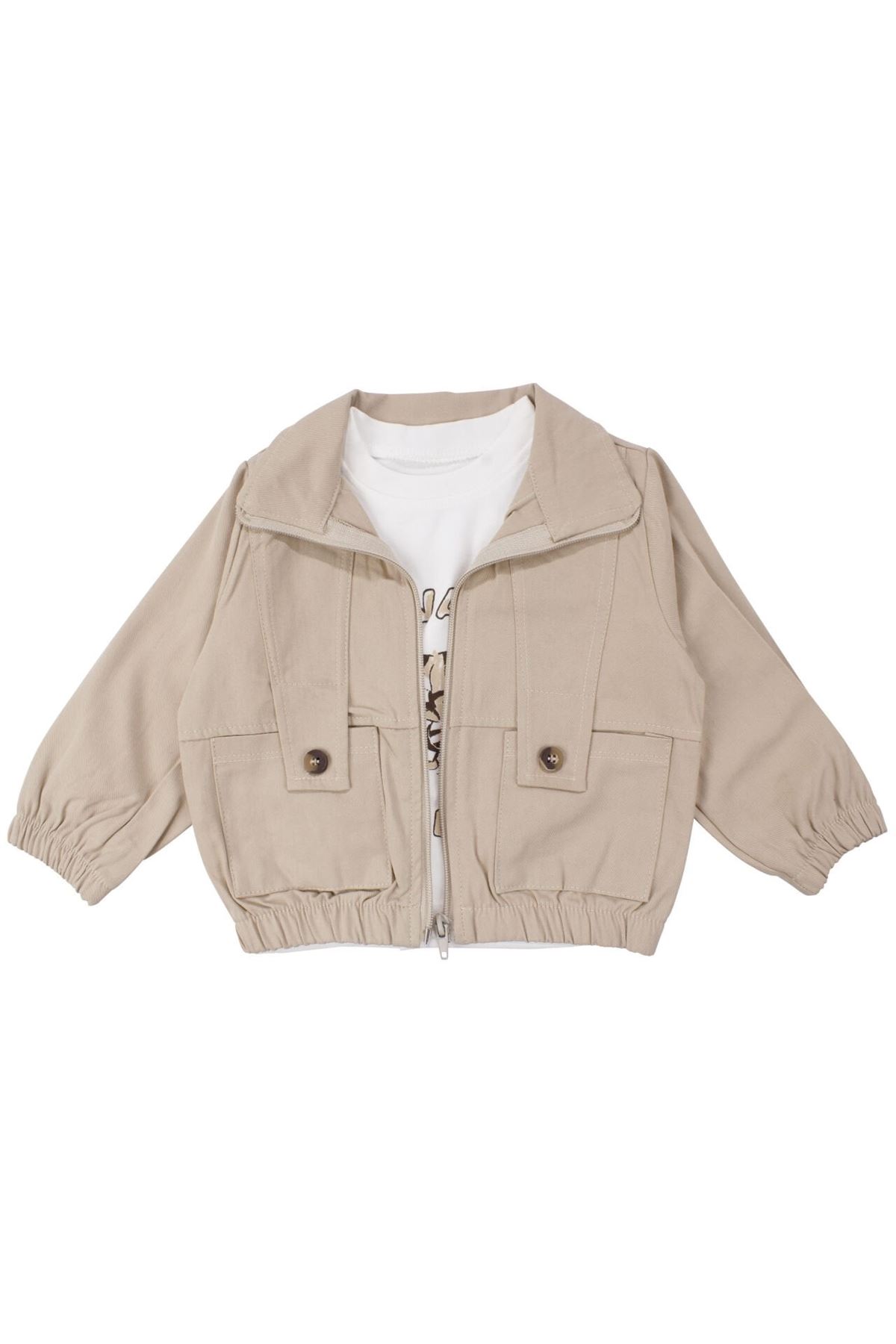 Erkek Çocuk Ekru Kaplan Desenli Badili Bej Ceketli 3'lü Takım