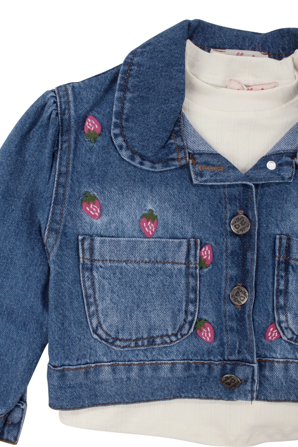 Kız Çocuk Ekru Badili Çilek Nakışlı Kot Ceketli 3'lü Takım