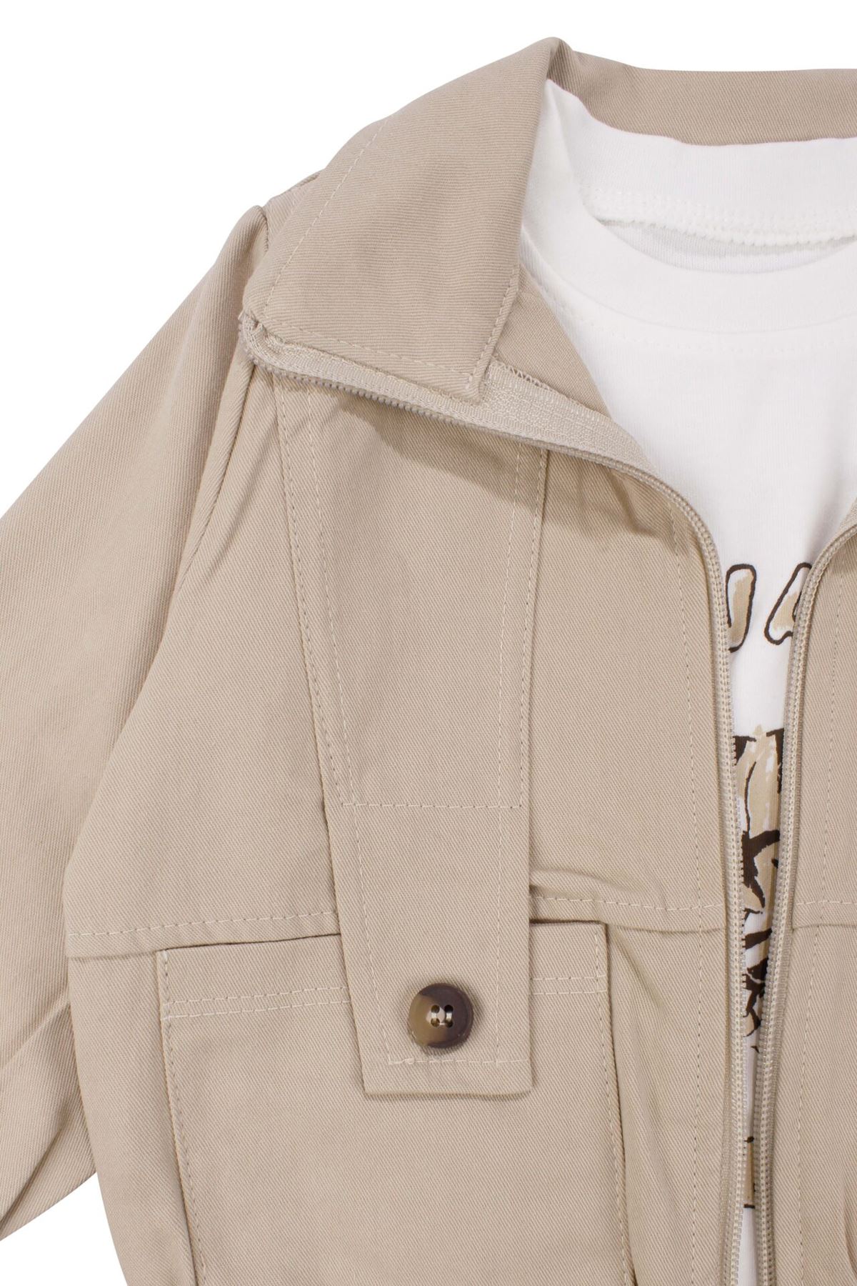 Erkek Çocuk Ekru Kaplan Desenli Badili Bej Ceketli 3'lü Takım