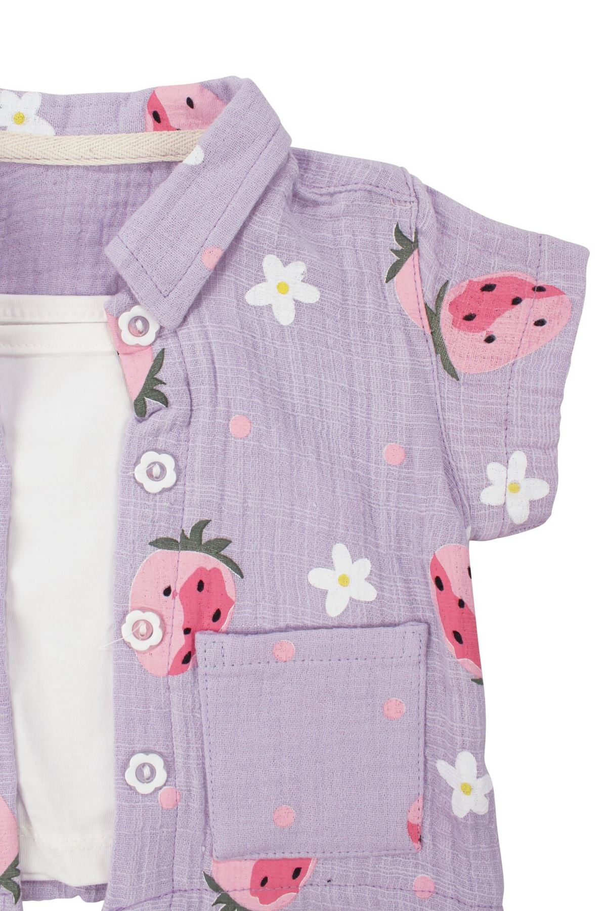 Kız Bebek Lila Pembe Çilek Desenli Müslin Şortlu 3'lü Takım
