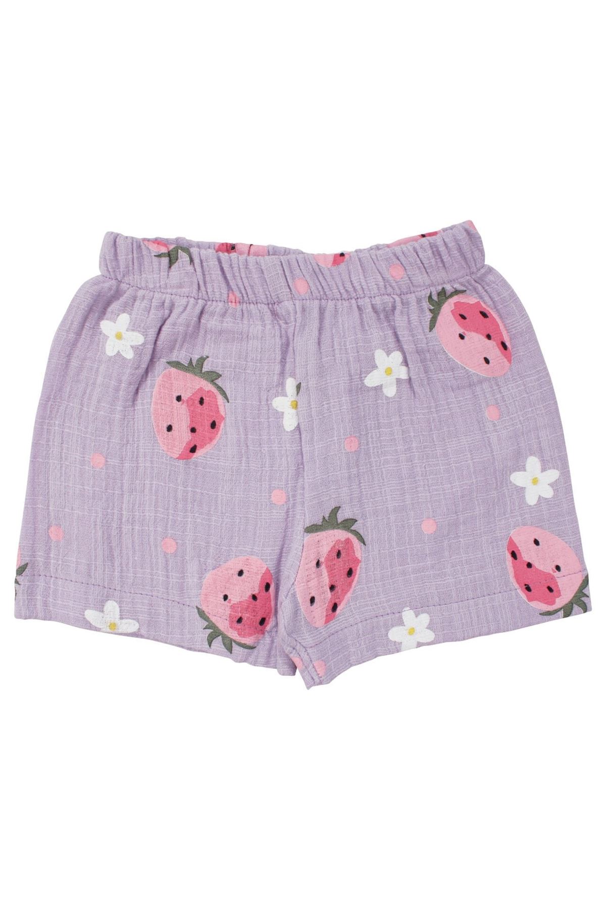 Kız Bebek Lila Pembe Çilek Desenli Müslin Şortlu 3'lü Takım