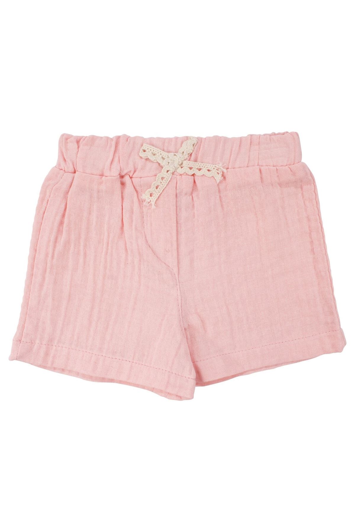 Kız Bebek Ekru Pembe Kolları Fırfırlı Fisto Fiyonklu Desenli Şortlu Müslin 2'li Takım